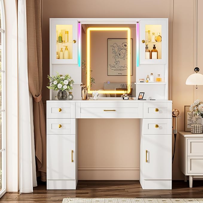 KAMABOKO Vanity Desk with Mirror & RGB Lights & Power Outlet, Large Makeup Vanity Table with 5 Drawers and 4 Storage Cabinets, Dressing Table for Bedroom Dressing Room (White)