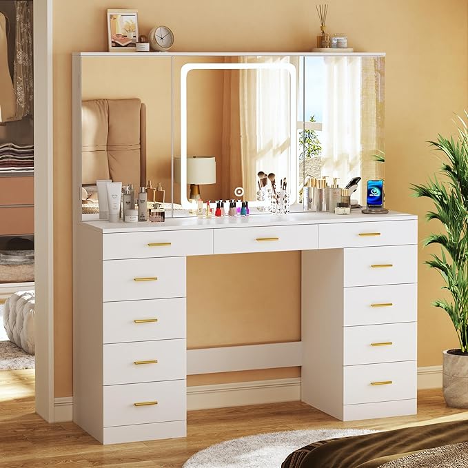 Makeup Vanity Desk with Lights, 47.2" Vanity Desk with 11 Storage Drawers and Hidden Storage Shelves, White Vanity with Charging Stations & 3 LED Lighting Modes Adjustable, for Bedroom