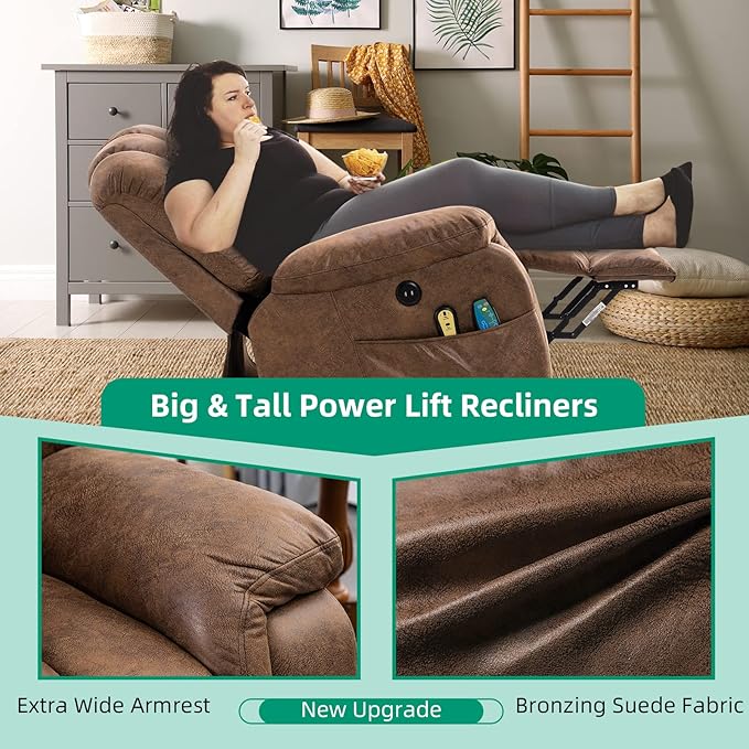 VIVIJASON Large Power Lift Chair Electric Recliner with Heat & Massage for Elderly Big People, Heavy Duty and Safety Motion Wide Recliners with 2 Remote Controls, Side Pockets & USB Ports, Brown