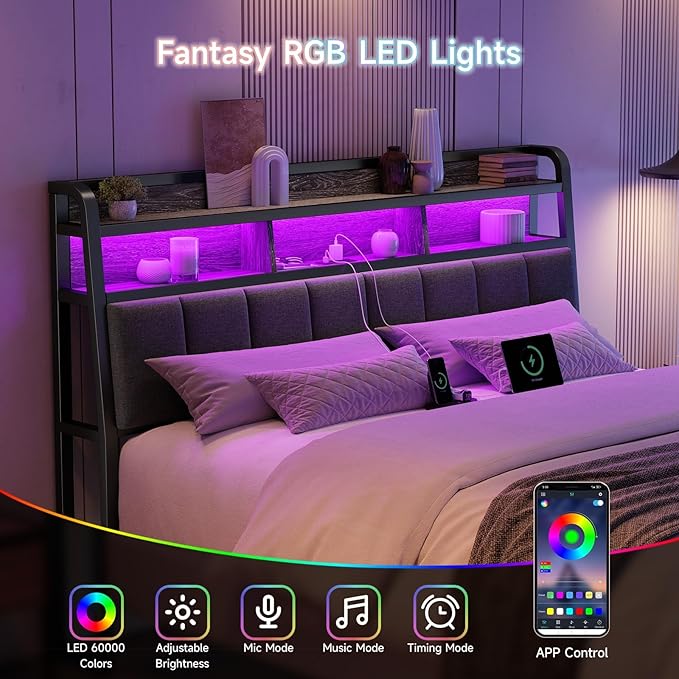 Ergonomic Headboard for Queen Size Bed with 2-Tier Storage, Upholstered Headboards with Outlets, USB Ports, LED Light, Queen Head Board Only, Height Adjustable, Sturdy and Stable, Black & Grey