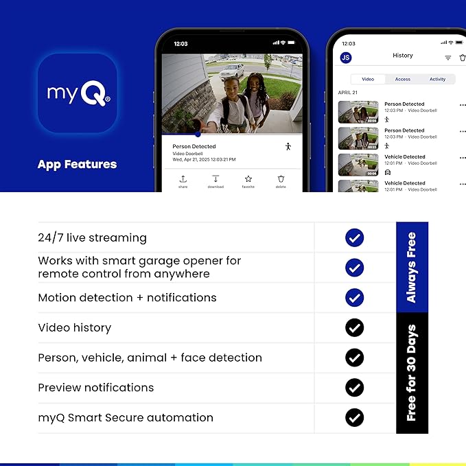 CHAMBERLAIN myQ Video Doorbell | 2K Camera, Battery/Wired, Color Night Vision, Live View with 2-Way Talk, Motion Detection & Real-Time Alerts, 150 Deg Wide View, Black