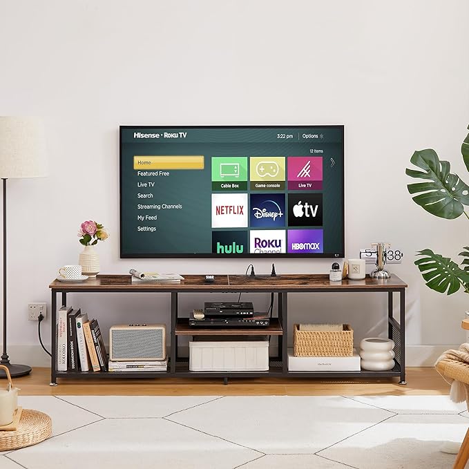 VECELO TV Stand with Power Outlets for Televisions up to 75Inch, 62" Media Entertainment Center with Charging Station 3-Tier Open Storage Shelves with Metal Frame for Living Room/Bedroom,Brown