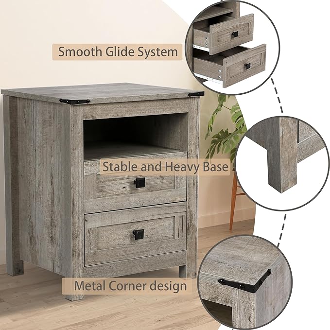 Nightstand with 2 Drawers, Wooden Night Stands, Grey Bedside Table Side Table for Bedroom Storage Cabinet End Table for Bedroom, Rustic Grey, Nightstand