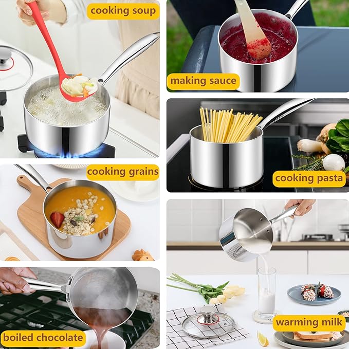 LIANYU 1QT Saucepan, Tri-Ply 18/10 Stainless Steel Sauce Pan with Lid, 1 Quart Cooking Pot for Pasta Soup, Small Induction Cookware with Ergonomic Handle, Heavy Duty, Dishwasher Safe