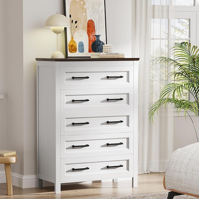 JUMMICO White Dresser Tall for Bedroom,Wooden 5 Drawer Dresser for Nursery,Chest of Drawers for Bedroom, Closet Storage Organizer for Living Room, Hallway, Closet (Brown&White)