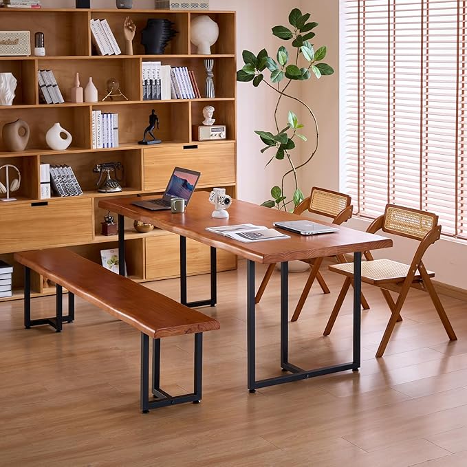 Solid Wood Administrative Desk, Dining Table with Durable Metal Legs, Uniquely Designed Leisure Table, Perfect for Restaurants and Home Offices, (Wood Brown, 78.74in)