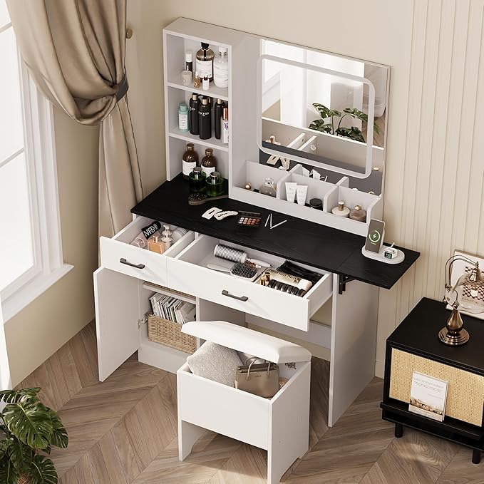 KAMABOKO Vanity Desk with Mirror and Lights, Large Makeup Table Set with 2 Drawers and Storage Stool, Girls Vanity with Fold-up Panel and Power Outlet for Bedroom