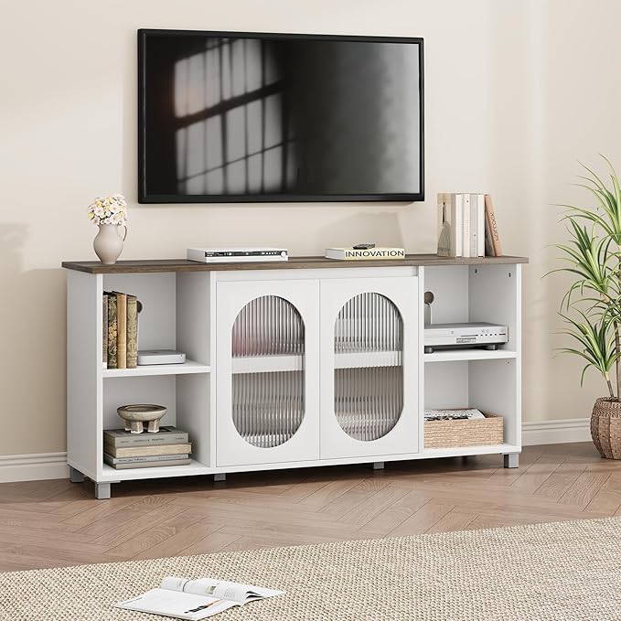 71" Modern Farmhouse TV Stand - Corrugated Glass Door Media Console with 3 Open Shelves, 15" D x 29" H Entertainment Center (White & Dark Brown)