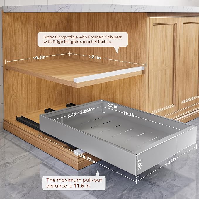 2 Pack Pull Out Cabinet Organizers 21" Deep With Raising Pad for Framed Cabinets, Expandable Width (9"-14") Slide Out Drawers Upgrade 3 Slide Rails, Roll Out Shelves Adhesive, Silver
