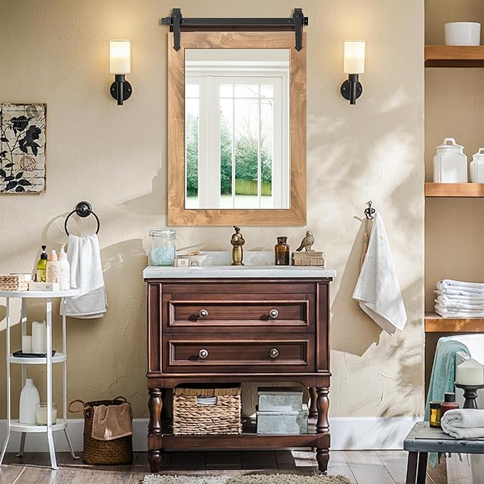 Farmhouse Bathroom Mirror 26”x40” Rustic Wood Framed Wall Mirror Barn Door Mirror for Wall (Brown)