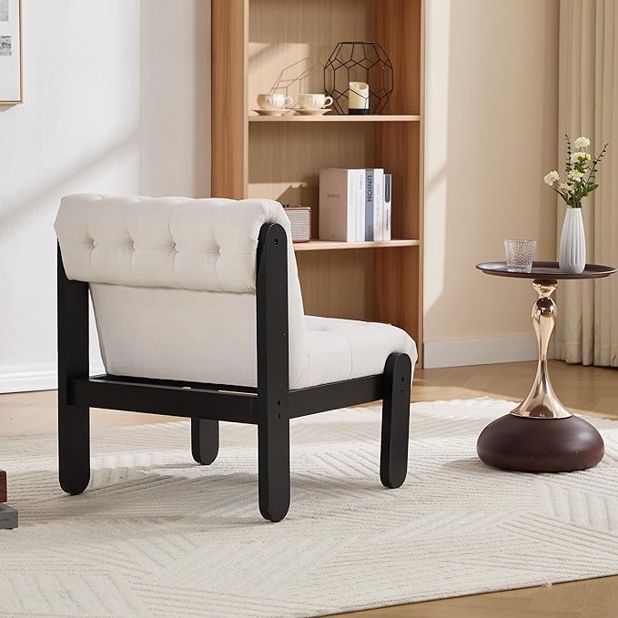 Modern Armless Accent Chair Set of 2 for Living Room, Beige Chenille Button Tufted Upholstered Lounge Reading Chair with Black Wood Frame