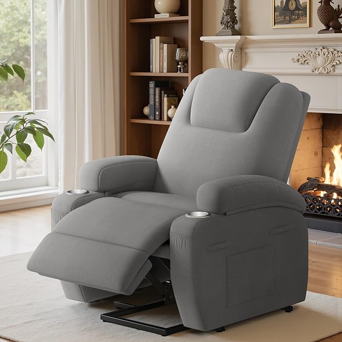 Power Lift Recliner Chair with Massage Electric Lift Chair for Elderly, Ergonomic Recliner with Cup Holders & Side Pockets, Modern Single Sofa for Living Room (Fabric, Grey)