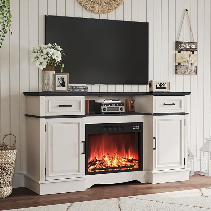 Maupvit TV Stands Farmhouse Entertainment Center for Televisions up to 65 Inch, Console Table Media Furniture with 2 Storage Cabinets and 2 Barn Door, Rustic TV Cabinet for Living Room, White