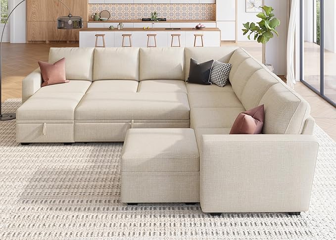 HONBAY Modular Sectional Sleeper Sofa with Pull Out Couch, Oversized U Shaped Sleeper Pull Out Bed with Storage Sectional Couches for Living Room - Beige
