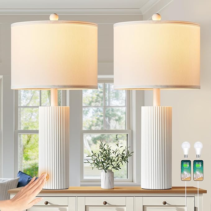 24.5" White Lamps Set of 2, Modern Table Lamps for Living Room with USB C+A Ports, Creative Stripe Touch Lamps for Nightstand, 2 Bulbs Included