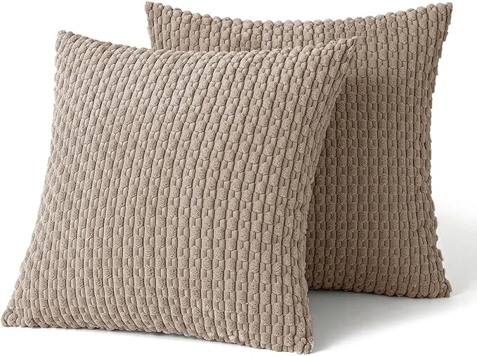 MIULEE Throw Pillow Covers Soft Corduroy Decorative Set of 2 Boho Striped Pillow Covers Pillowcases Farmhouse Home Decor for Couch Bed Sofa Living Room 20x20 Inch Light Brown