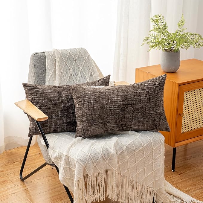 Decorative Throw Pillow Covers 12x20 Inch Set of 2, Soft Solid Farmhouse Chenille Couch Pillows, Spring Pillow Covers for Couch Sofa Bed Living Room Home Decor Pillowcase, Brown
