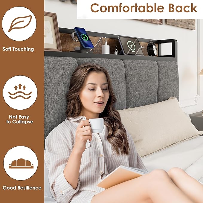 Twin Size Bed Frame with 2 Storage Drawers and Charging Station, Rustic Linen Upholstered Platform Bedframe with Storage Headboard, Heavy Duty, No Box Spring Needed, Easy Assembly, Noise Free,Grey