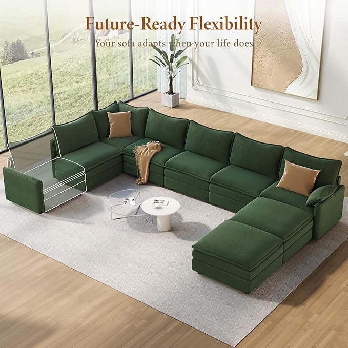 Vesgantti Large Modular Sectional Sofa, Big Comfy Cloud Couch with Ottoman Deep Seat Chenille Cloud Sofa, 8 Seater Large Sectional Couches for Living Room, Bedroom and Apartment, Green