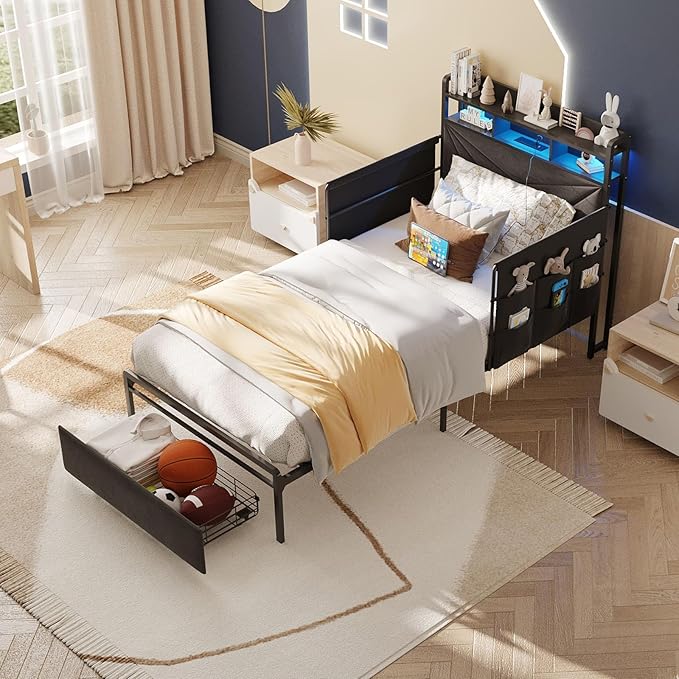 Maupvit Twin Bed Frame with Storage Headboard and Drawer,Upholstered Platform Bed Frame with LED Lights & Charging Station,Twin Size Bed with Guardrail,No Box Spring Needed,Grey