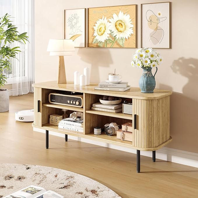 47" Natural Fluted TV Stand for TVs up to 60 Inch, Gaming Entertainment Center with Tambour Slatted Sliding Doors and Storage Cabinet, Media TV Consoles Table for Living Room, Office