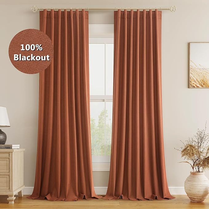 Guken Terracotta Linen Blackout Curtains 108 Inch Length 2 Panels Set for Living Room Bedroom Back Tab Thermal Insulated 100% Black Out Linen Drapes Room Darkening Window Curtains 108 Inches Long