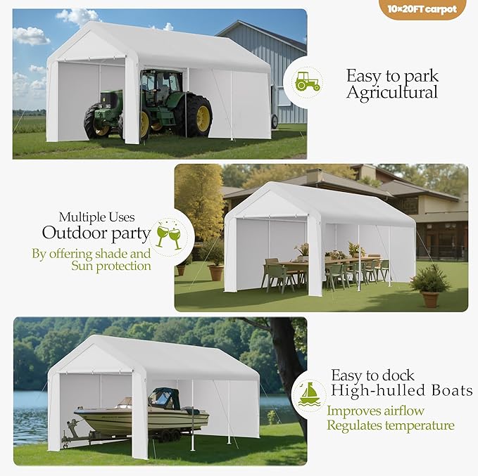 GOJOOASIS 10x20 Carport Heavy Duty Portable Garage Shelter Metal Car Canopy Tent with UV-Resistant & Weatherproof Top Cover for RV & Vehicles (White, 10x20 with sidewalls)