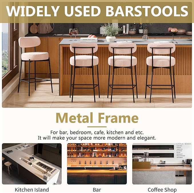 DYHOME Bar Stools Set of 4, 24 Inches Modern Counter Height Bar Stools with Curved Back Metal Legs, Beige Upholstered Boucle Barstools for Kitchen Island, Cafe