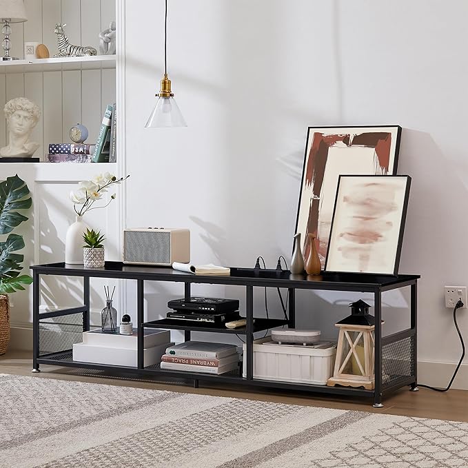 VECELO TV Stand with Power Outlets for Televisions up to 75Inch, 62" Media Entertainment Center with Charging Station 3-Tier Open Storage Shelves with Metal Frame for Living Room/Bedroom,Black