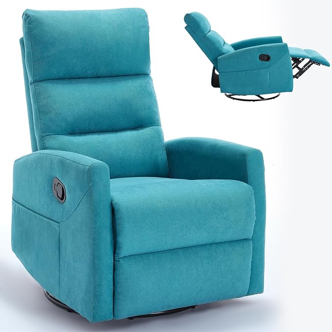360° Swivel Recliner Chairs for Small Spaces, A Recliner with Side Pockets, Small Rocker Recliner for Living Room, Bedroom, Sky Blue Recliner Chair for Adults