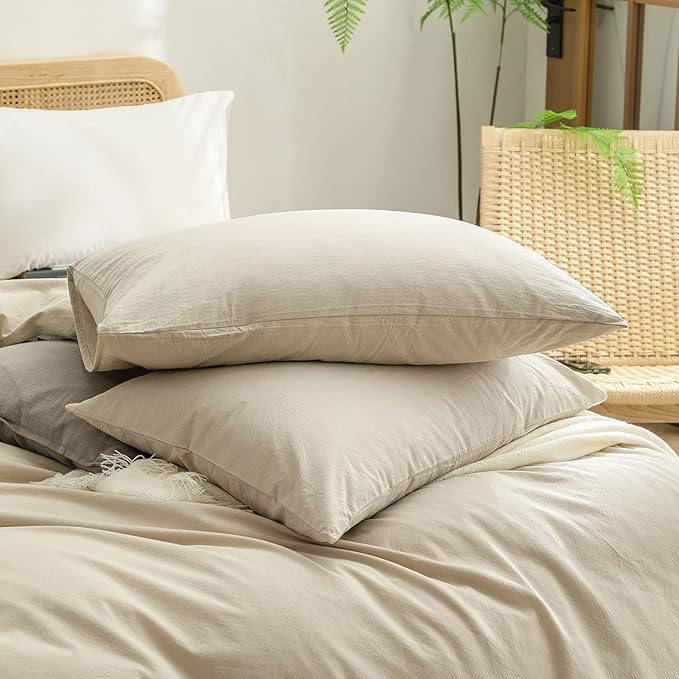 BESTOUCH Duvet Cover Set 100% Washed Cotton Linen Feel Super Soft Comfortable Chic Lightweight 3 PCs Home Bedding Set Solid Almond Milk Grey Full/Double