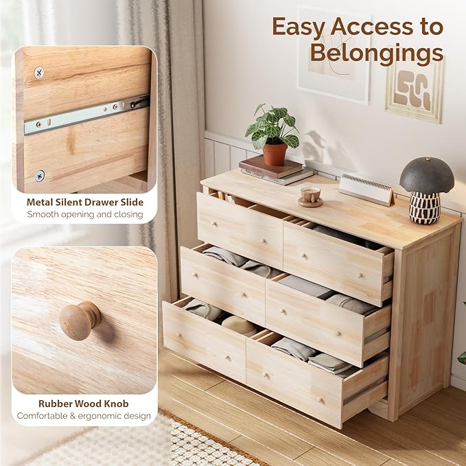 VINGLI Solid Wood Dresser Unfinished for Color DIY, Natural Real Wood Dresser 6 Drawer for Bedroom, 47.16" W*17.72" D*33" H