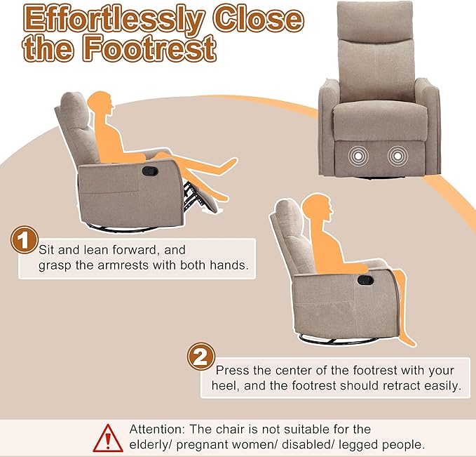 Manual 360° Swivel Rocker Recliner Chair for Adults, Overstuffed Glider Chair for Nursery with Vibration Massage and Heat, Comfy Soft Fabric Glider with Side Pockets for Living Room, Khaki