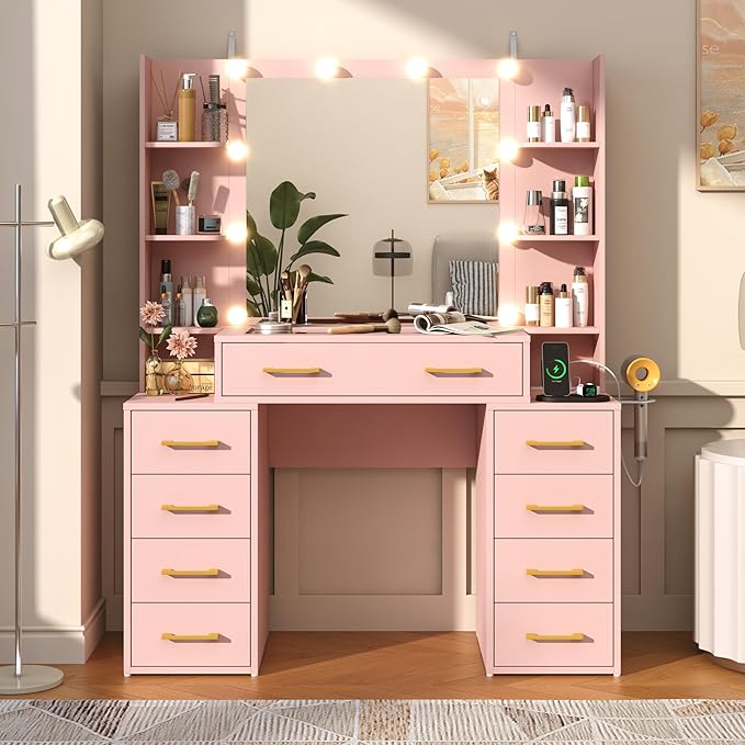 Glass Top Vanity Desk with Mirror and Lights, Large Vanity Makeup Mirror Desk with Charging Station Compartment Storage Drawers, Modern Makeup Vanity with 9 Drawers 6 Shelves, Pink