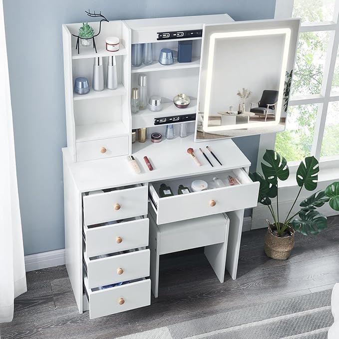 Vanity Desk with Mirror and Lights, Makeup Vanity 3 Color Modes & Adjustable Brightness, 6 Drawers Vanity Desk with Upholstered Stool with Chair