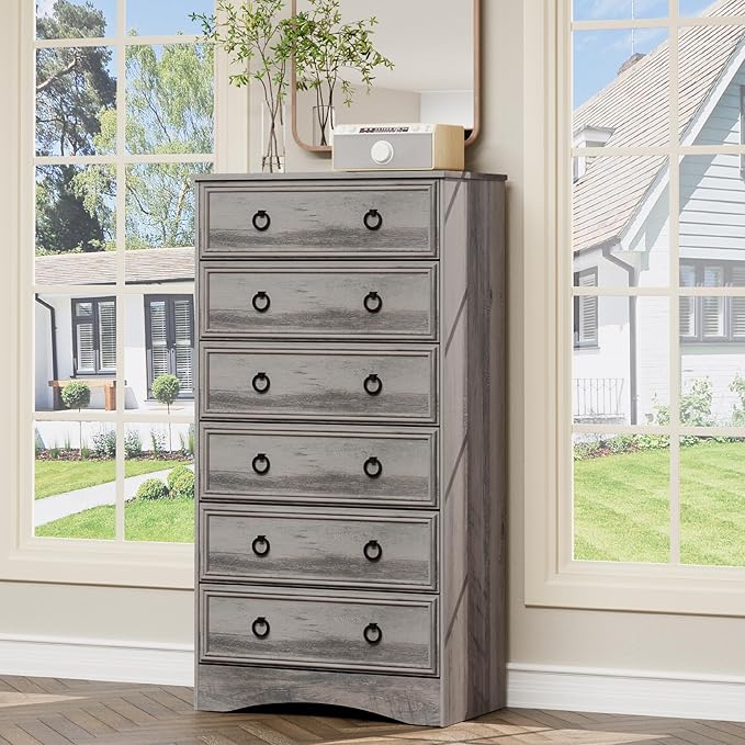 6 Drawer Dresser Tall, 52" Tall Grey Dresser for Bedroom, Chest of Drawers, Large Storage Organizer for Clothes, Grey Vintage, for Living Room, Bedroom, Hallway