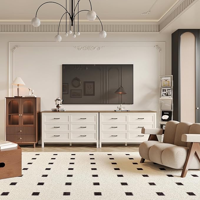 Farmhouse 6 Drawers Dresser for Bedroom, Modern Dresser with Metal Handle, Natural Texture, Wood Rustic Chest of Drawers for Bedroom, Living Room, Hallway and Entryway, Antique White