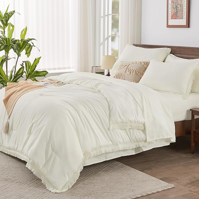 Andency Ivory Full Size Comforter Set with Sheets - 7 Pieces Boho Tassel Bed in a Bag Soft Lightweight Bedding Sets, Ivory Fringe Bed Set with Comforter, Sheets, Pillowcases & Shams