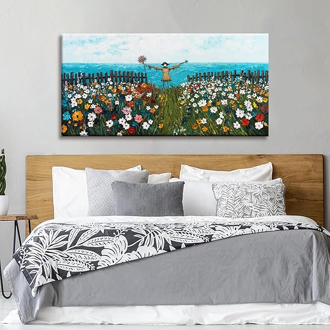 Wall Art For Living Room Painting Blue Sea Abstract Wall Art Colorful Flowers Canvas Art Wall Decor Scarecrow Landscape Artwork Bedroom Dining Room Home Office Modern Artwork Home Decoration 24"X48"
