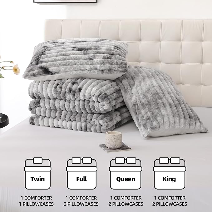 Smoofy Fluffy Twin Comforter Sets 2 Pieces - Tie-dye Grey Fleece Fluffy Comforter Set, Luxury Fuzzy Twin Bedding Set, Soft Warm Comforter All Season, Heavy Faux Fur Comforter with Pillow Cases