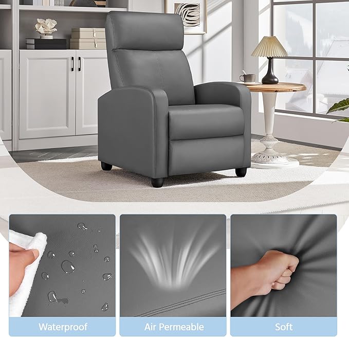 Yaheetech Recliner Chair PU Leather Recliner Sofa Home Theater Seating with Lumbar Support Overstuffed High-Density Sponge Push Silver Gray Recliners