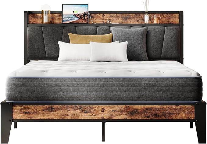 LIKIMIO Full XL Bed Frame, Storage Headboard with Charging Station, Solid and Stable, Noise Free, No Box Spring Needed, Easy Assembly