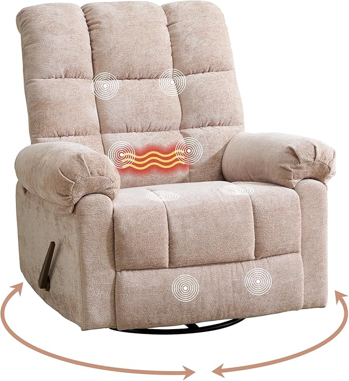 Oversized Swivel Rocker Recliner with Massage and Heat, 26" Extra Wide Manual Recliner for Adults & Big Man, Overstuffed Rocking Chair with High Back for Living Room, Beige Chenille
