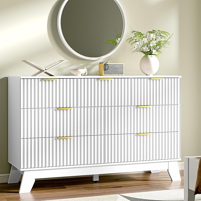 Fluted Dresser for Bedroom with 7 Drawer, Mid Century Modern Chest of Drawers, 48" Wide Natural Wood Dresser for Closet, Wooden Boho Chest Closet Storage TV Stand for Bedroom, White