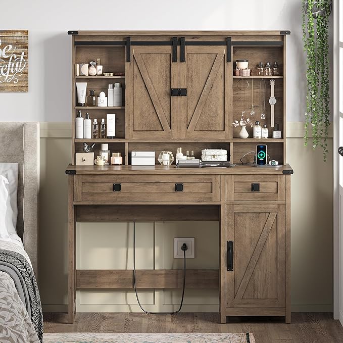 AOGLLATI Makeup Vanity with Lights & Barn Doors, Vanity Desk with Mirror and Lights & Charging Station, Farmhouse Brown Vanity Table with Jewelry Hooks and Open Storage Shelves