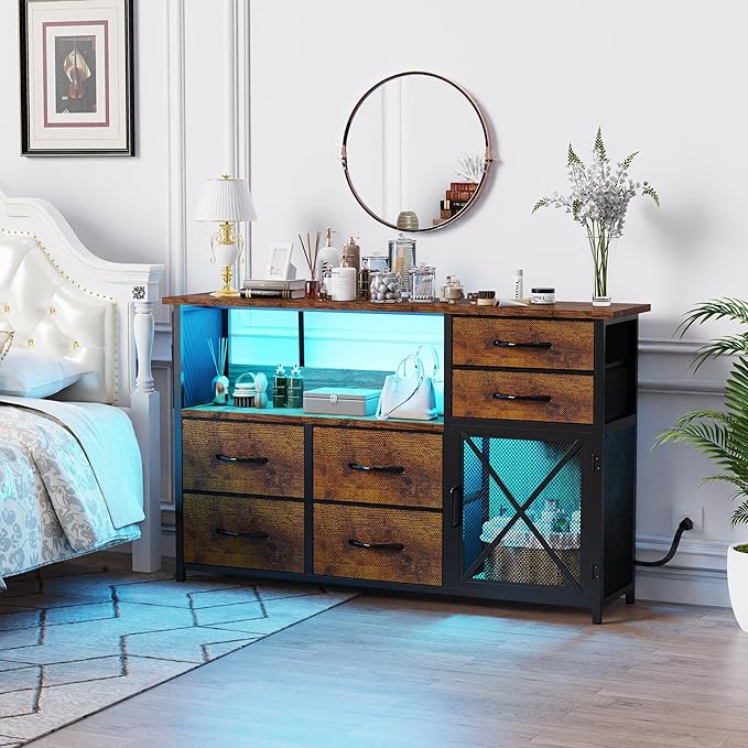 TV Stand Dresser for Living Room, LED TV Stand with 6 Drawers and Lights for Bedroom, Up to 50 inch TV, Long and Wide Dresser Storage Table with Metal Door, Rustic Brown