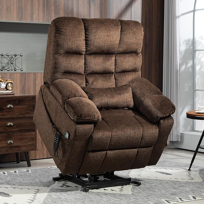 3-Motor Lift Chair with Adjustable Seat Height Zero Gravity Lay Flat Recliner with Heat Massage - Flip Arm Storage Cup Holders - Power Lift Recliner for Elderly – Big Tall 400 lbs (Dark Brown)