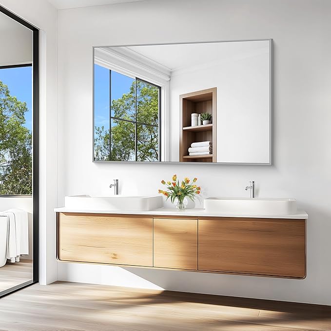 KOCUUY Large Silver Bathroom Mirror, 55x36 inch Rectangular Mirror for Bathroom Sink, Oversized Mirror with Metal Brushed Nickel Frame for Living Room, Farmhouse, Entryway, Hang Horizontal/Vertical