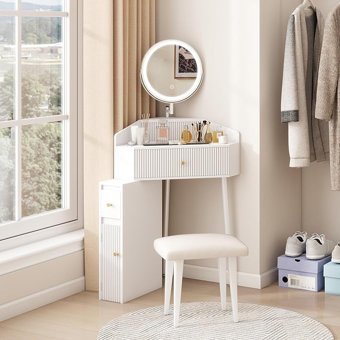 ARTETHYS Corner Vanity Desk with Retractable and Rotating Mirror and Lights Small Modern White Makeup Vanity Set with Glass Top for Women Compact Girls Dressing Table with Drawer for Small Space