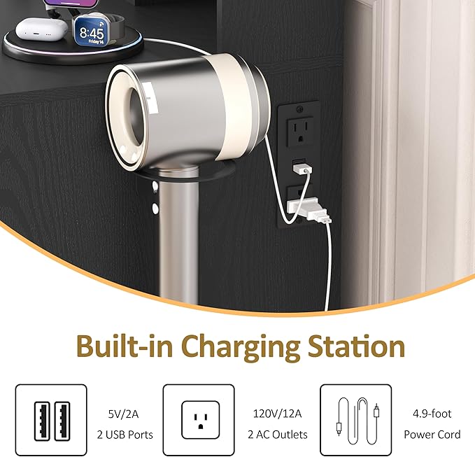 Large Vanity Desk with Mirror and Lights, Makeup Vanity with Mirror and LED Lights, RGB Cabinet & 3 Drawers, Makeup Desk with Storage Shelves, 3 Color Modes Dressing Table for Girls Bedroom, Black